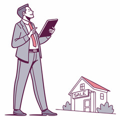Confident Realtor Inspecting Property For Sale With Tablet In Hand Illustration