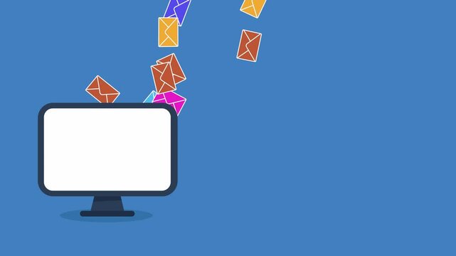 Sending multiple emails at the same time from computer screen, animation with copy space on blue background