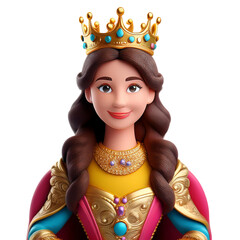 Majestic cartoon queen with crown and colorful royal attire, isolated on transparent background