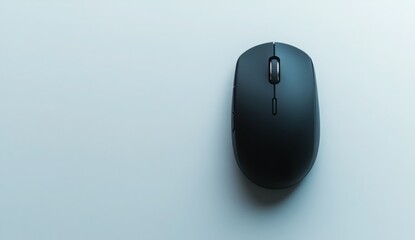 Sleek black wireless mouse with a scroll wheel rests on a clean bright background