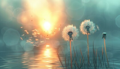Wallpaper of flying dandelion plant with a beautiful nature background Generate AI