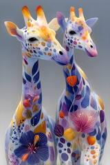 Whimsical Colorful Giraffe Couple with Floral Patterns Illustration