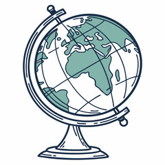 Illustrated World Globe With Stand Detailed Outlines And Teal Color Fill