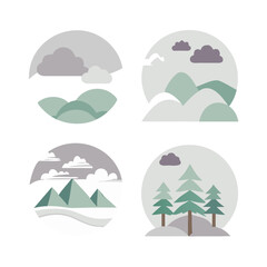 Four Nature Scenes In Circle Frames Hills Mountains And Trees Vector Illustration