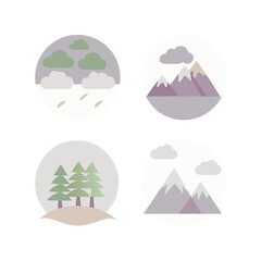 Four Circular Abstract Nature Icons With Mountains Trees And Clouds In Neutral Tones