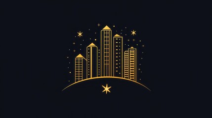 Fototapeta premium Golden city skyline at night, starlit background, urban development, website header
