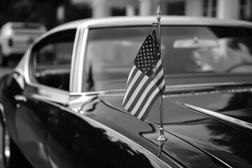 Classic car with American flag detail.