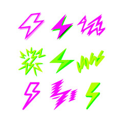 Collection Of Nine Vivid Lightning Bolt Icons On Black Background