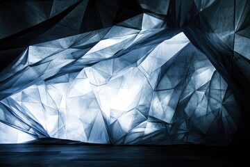 Abstract, geometric, cavernous space;  a dramatic, dark, interior landscape of folded, translucent forms.  Light streams through a crystalline structure, illuminating a dark floor