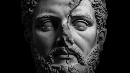 Fragmented Ancient Marble Bust of Bearded Man with Cracked Surface – Classical Sculpture in High Contrast Shadowed Lighting