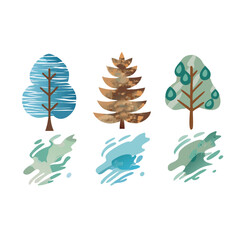 Three Stylized Trees With Watercolor Shadows Isolated On Black Background Illustration