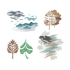 Abstract Nature Set With Trees Water And Foliage On Black Background Art