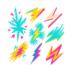Trendy Lightning Bolt Set Pop Art Style On Black Background Illustration