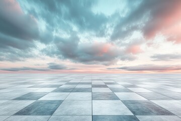 Empty checkered pavement, dramatic sky