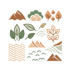 Naklejka premium Minimalistic Nature Icon Collection Featuring Mountains Trees And Water Elements On Black