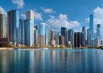 Fototapeta premium Modern city skyline with skyscrapers reflecting on a calm river.