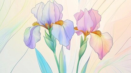 Delicate Pastel Iris Flowers Illustration with Soft Gradient Lines – Elegant Botanical Artwork Featuring Light Pink, Lavender, and Blue Petals