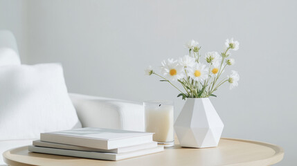 Minimalist living room scene with coffee table, books, candle, and geometric vase