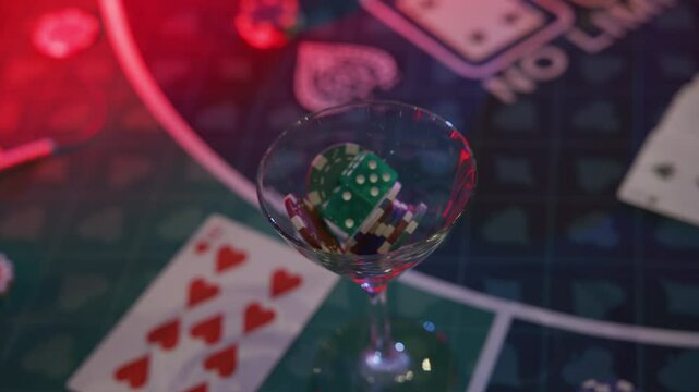Poker chips and dice in martini glass on casino table - steady cam close up