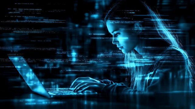 Woman coding at laptop in digital world