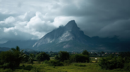A majestic mountain peak rises dramatically against a cloudy sky, showcasing nature's beauty above lush greenery in a scenic landscape on a cloudy day.