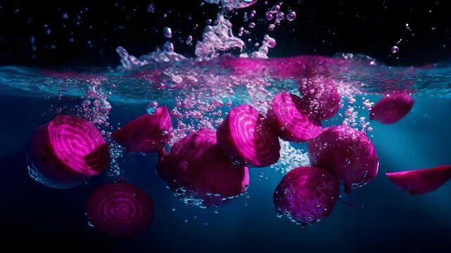Vivid magenta beets fall into blue water creating splash with bubbles in dark studio shot emphasizing freshness and organic food concept