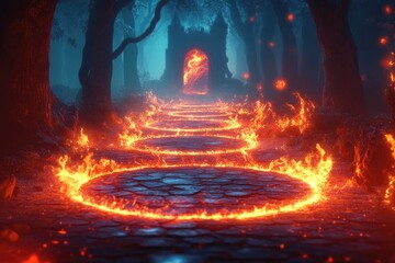 Magical path of fire through enchanted forest