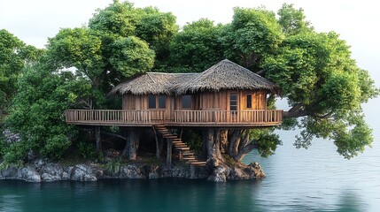 Obraz premium Idyllic Treehouse Retreat On Island With Tropical Foliage High Resolution Photo
