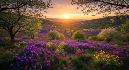 Obraz premium Sunrise or sunset over blooming wildflowers