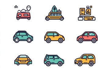Colorful car icons; travel, transport, vacation; white background; website design