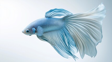 Fototapeta premium Elegant Blue and White Betta Fish with Flowing Fins on Light Background – High Detail Siamese Fighting Fish in Motion