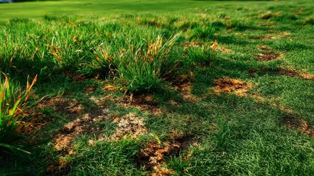Green grass lawn with patches of dry, brown spots; close-up view of textured yard with a few overgrown and patchy areas needing maintenance