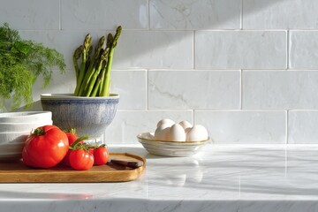 Fresh kitchen counter with vegetables and eggs under sunlight.