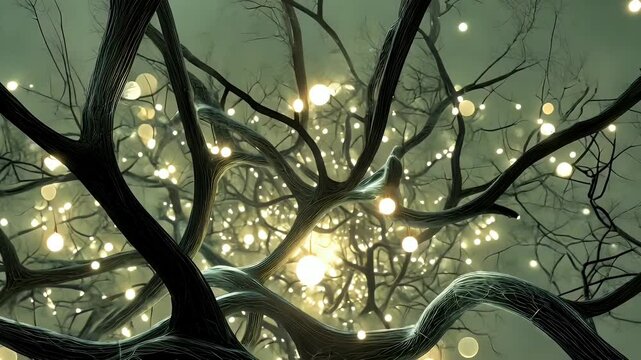 Glowing Lights Among Dark Tree Branches at Night
