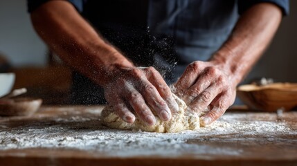 Hands kneading dough on floured wooden table.