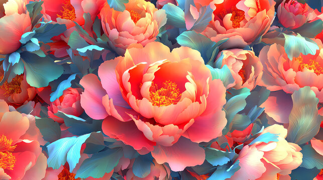 Bold peony blossoms, vibrant foliage infinite floral textile design , background, pattern, bloom. [Fractal Eden] | Recursive Gardens | infinite blossoms. Illustration