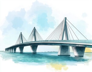 Watercolor painting of a modern cable-stayed bridge spanning a large body of water