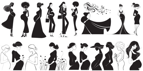 Pregnant women silhouettes vector set, graphic resources, logo