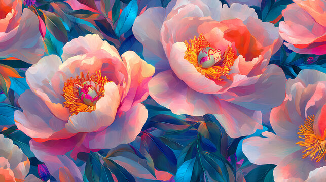 Bold peony blossoms, vibrant foliage infinite floral textile design , background, pattern, bloom. [Fractal Eden] | Recursive Gardens | infinite blossoms. Illustration