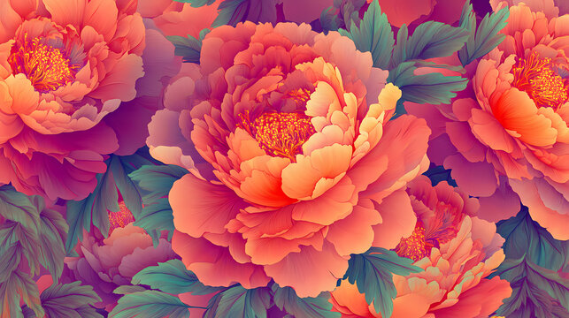 Bold peony blossoms, vibrant foliage infinite floral textile design , background, pattern, bloom. [Fractal Eden] | Recursive Gardens | infinite blossoms. Illustration