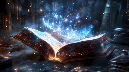 An open book with luminous magical symbols and an ethereal light aura, creating a mysterious, enchanting vibe in a fantasy world. [Electric Myths] | Radiant Behemoths | luminous beasts. Illustration