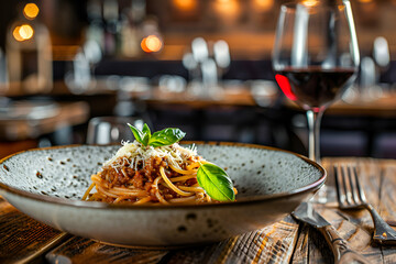 Spaghetti Bolognese in a deep dish on the table with a glass of red wine in the interior of the restaurant.