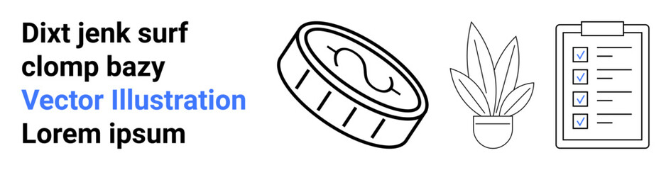 Coin emphasizing economy, checklist for task organization, and potted plant symbolizing growth. Ideal for finance, task management, productivity, planning, goals, self-care flat landing page banner