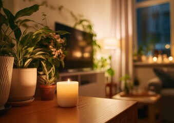 Cozy living room with candlelight ambiance.