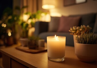 Cozy evening with lit candle and plants in a warm living room.