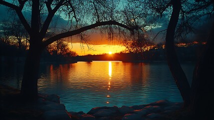 Silhouetted trees frame a tranquil sunset over a lake.