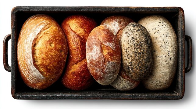 A variety of artisanal bread loaves displayed in a rustic tray perfect for culinary and food p
