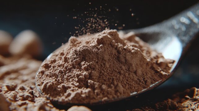 Measuring Spoon Filled with Chocolate Protein Powder