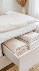 Cozy bedroom ambiance with soft textiles and neatly organized linens