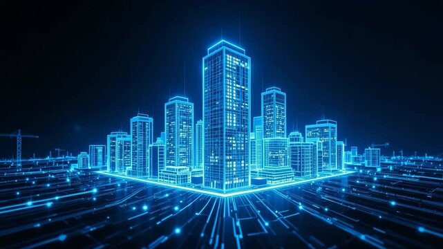 Digital cityscape futuristic city design innovation urban planning technology network structure graphic illustration abstract neon light blue lines